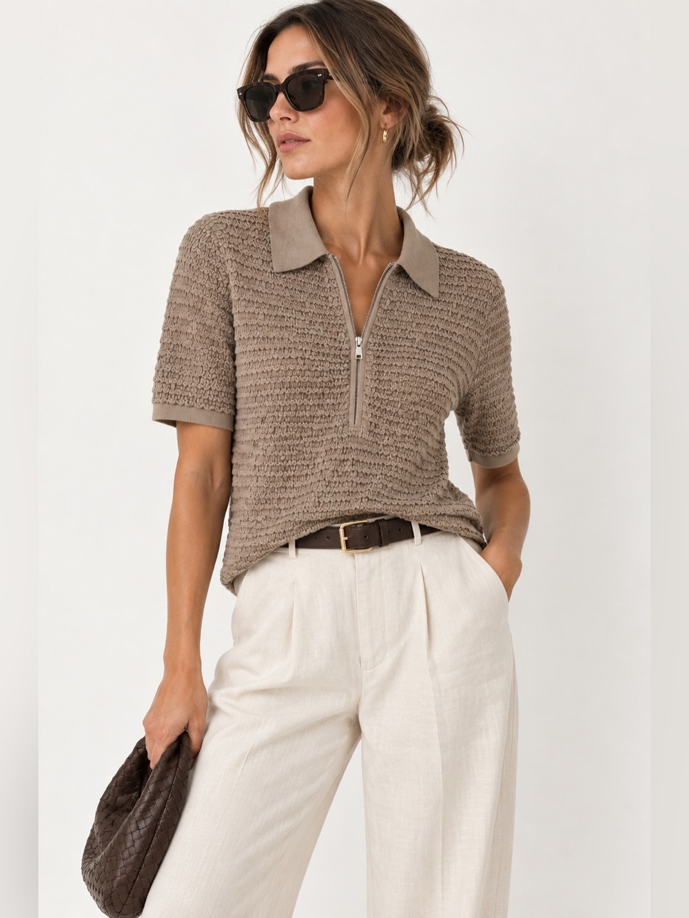 DKNY Taupe Textured Knit Half Zip Polo Top Short Sleeve Quiet Luxury L